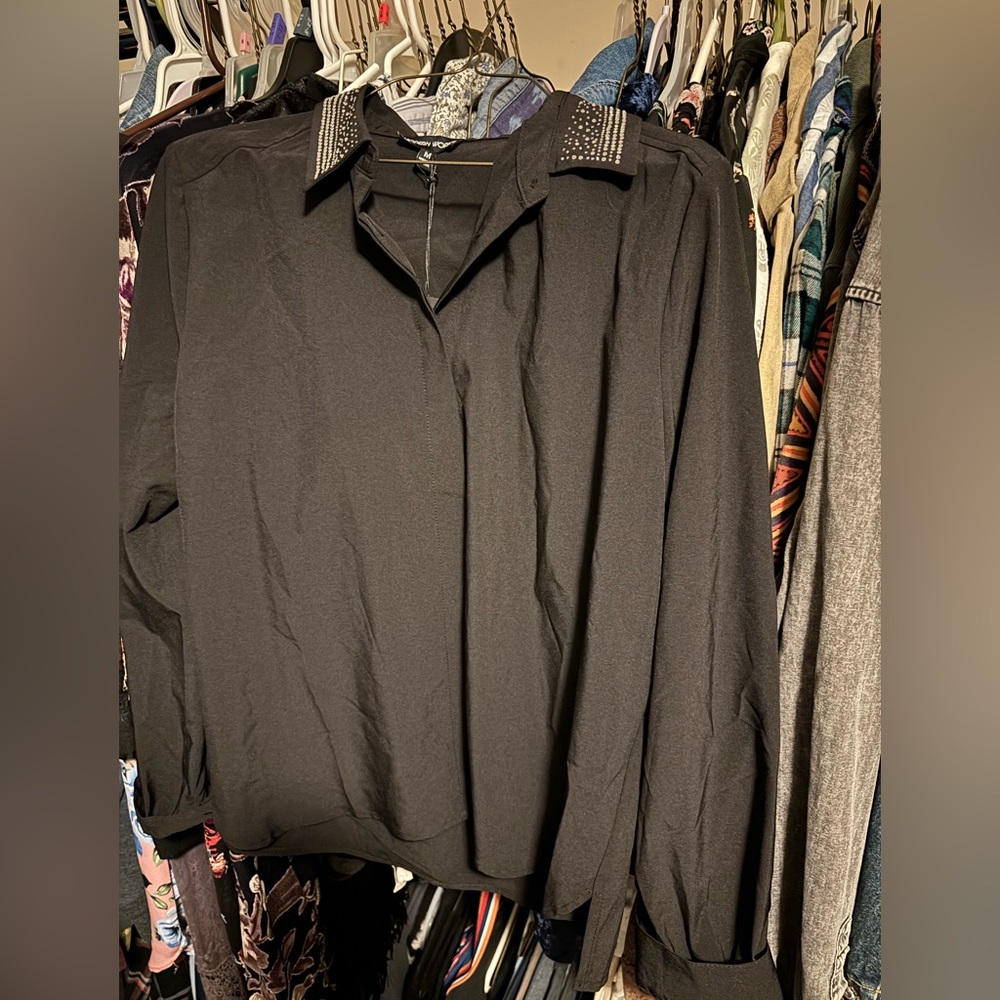 Chic Black Studded Collar Women's Button Down Shirt